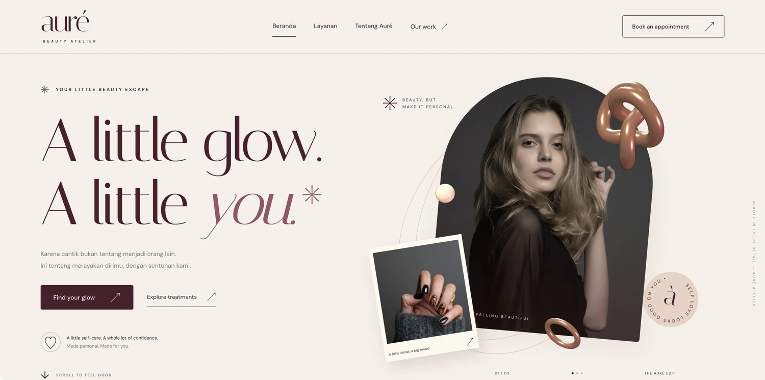 AURÉ Beauty Atelier homepage with a cream palette, beauty portrait, and rose gold 3D accents