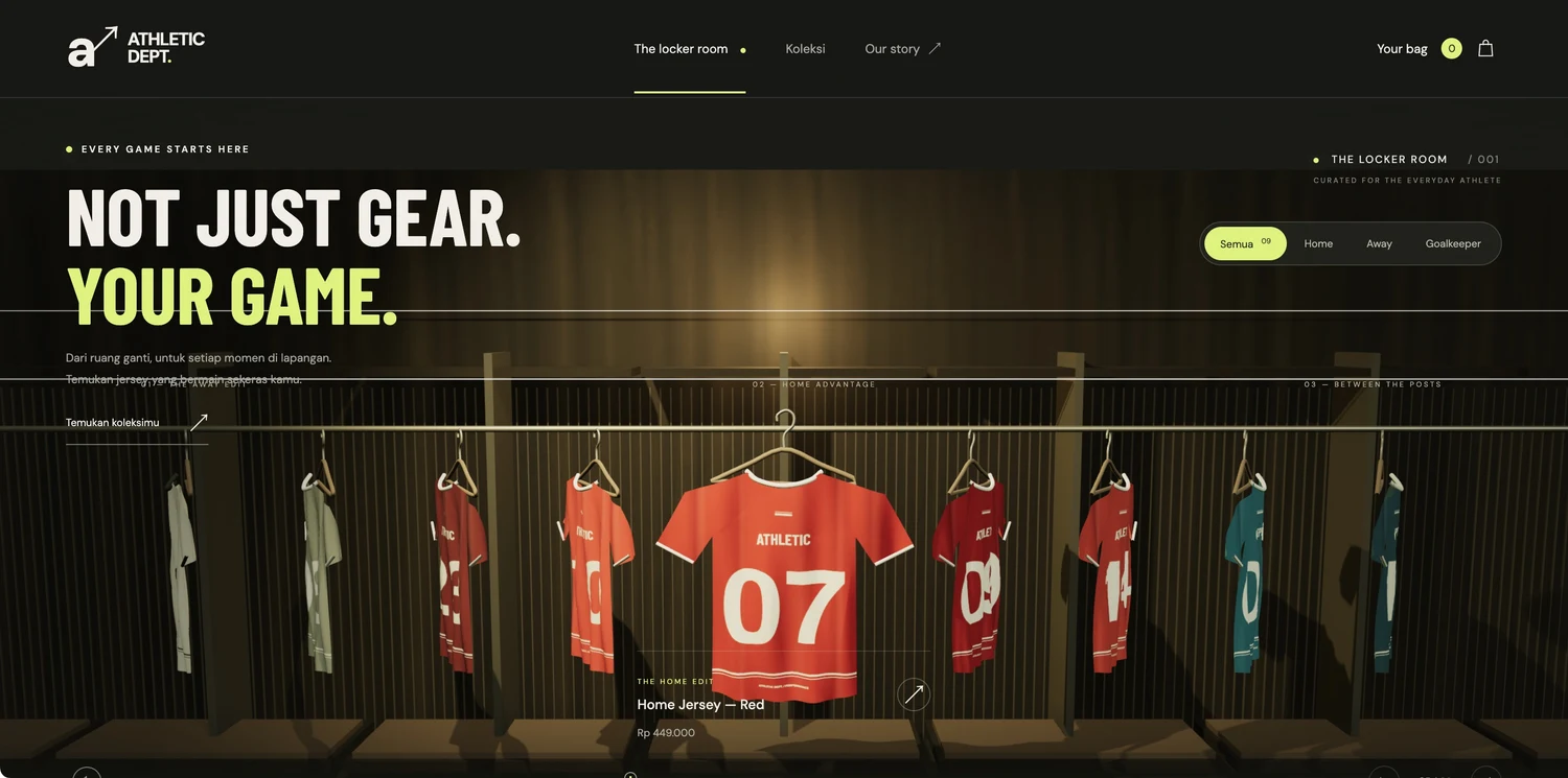 Athletic Dept. online store template with a 3D jersey catalog displayed in a virtual locker room